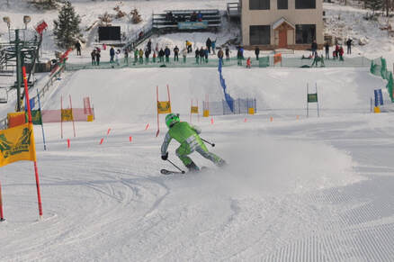 Picture of a ski racer skiing down the race course at Pine Knob Ski Resort.